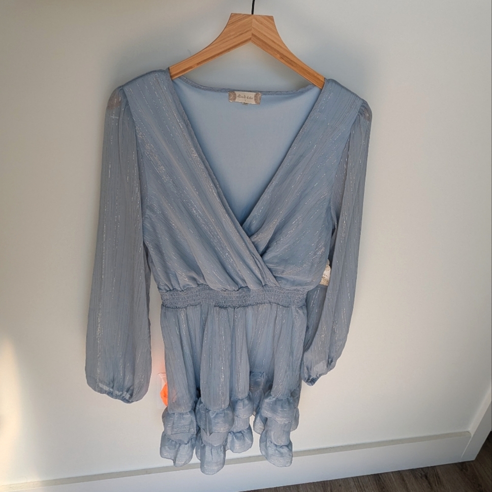 Altar'd State Dusty Blue Tiered Dress with Sparkly Silver Details